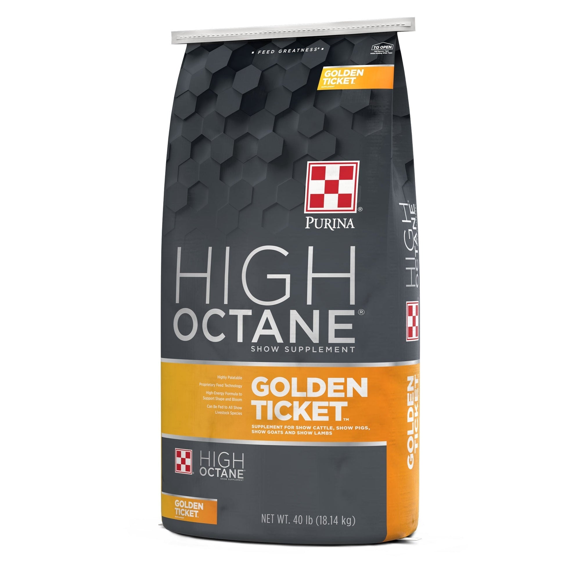 Right angle of Purina High Octane Golden Ticket Show Supplement