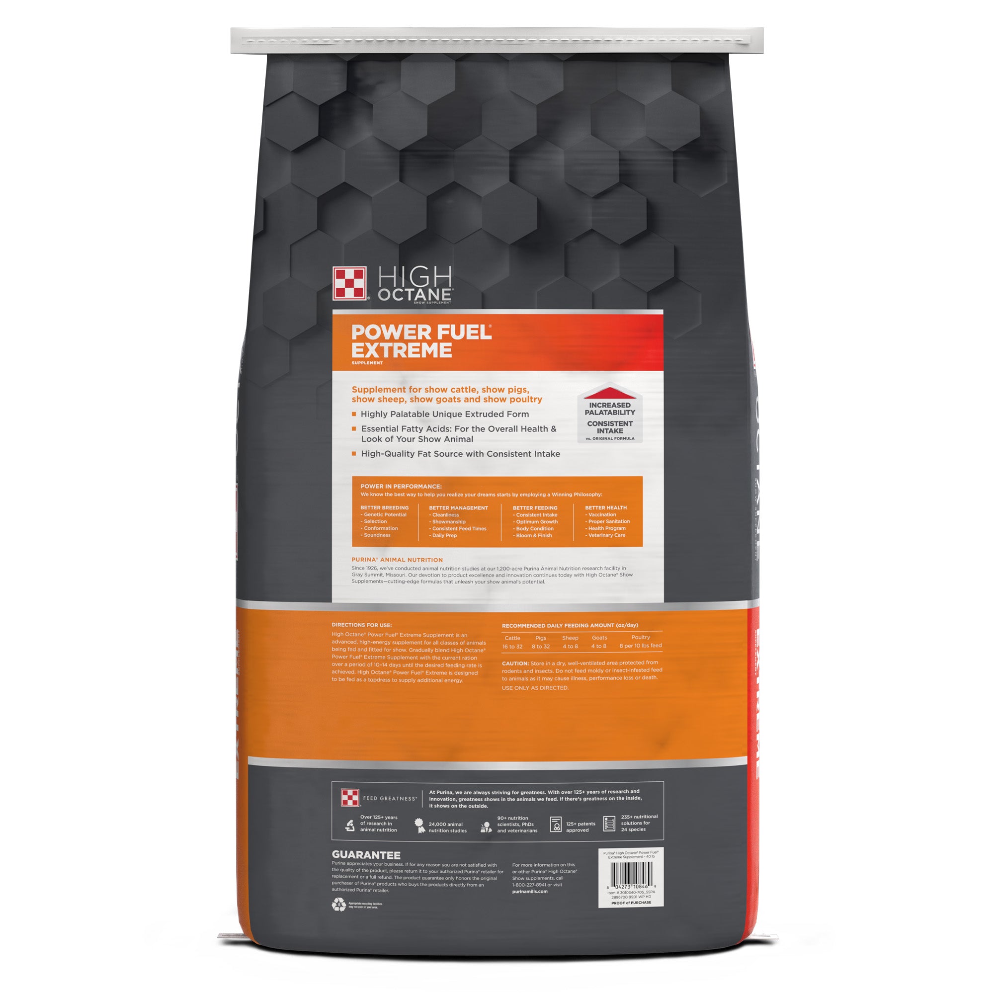 Back of Purina HighOctane Power Fuel Extreme 40 Pound Bag/