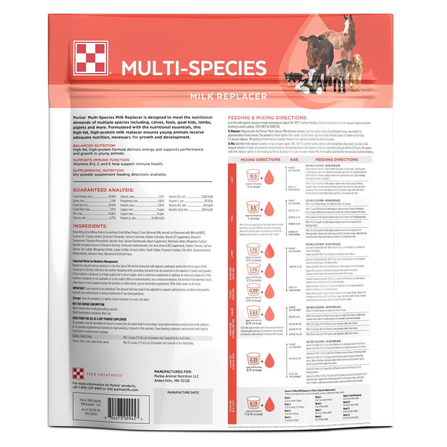 Back of Purina® Multi-Species Milk Replacer 8 pound Pouch
