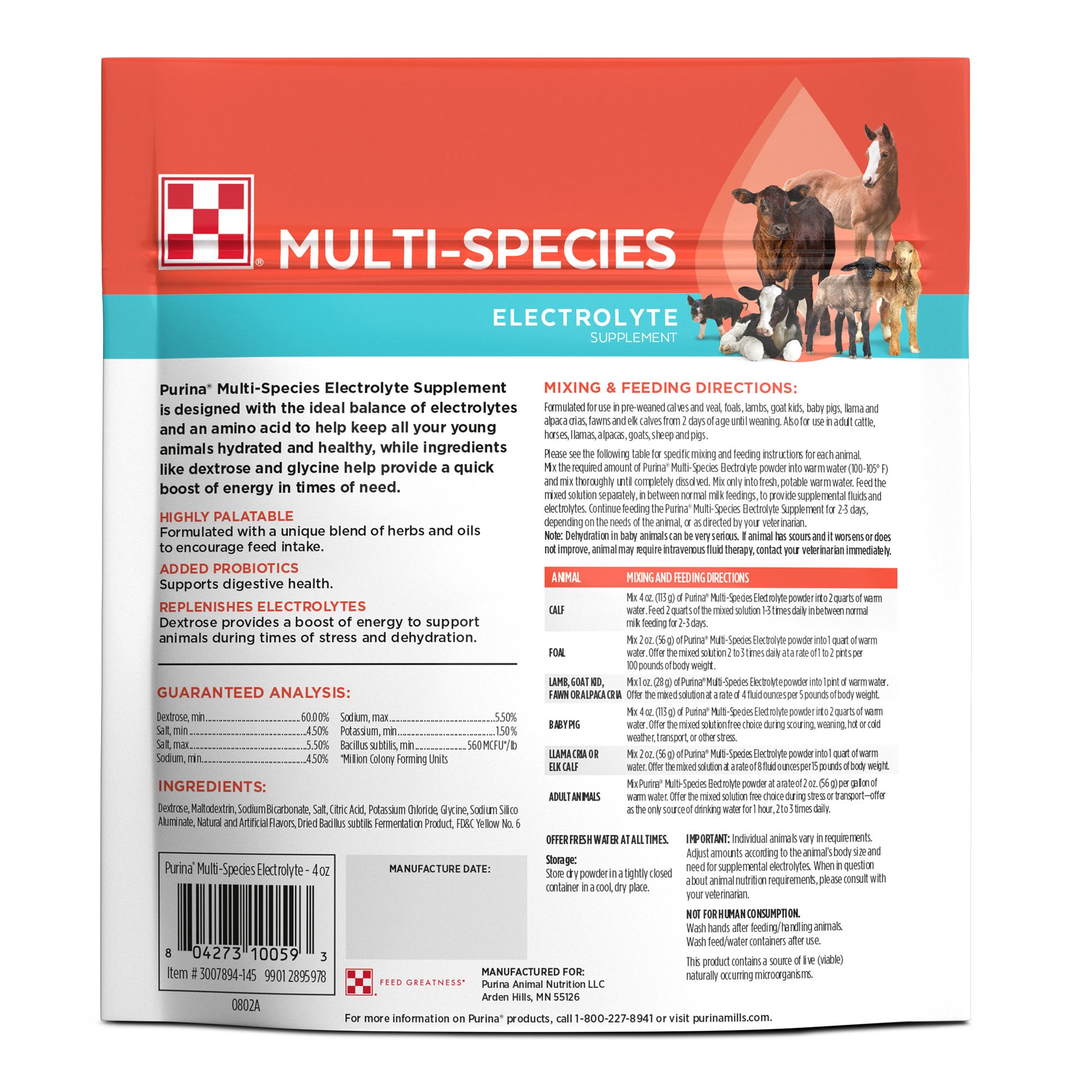 Back of Purina® Multi-Species Electrolyte Supplement