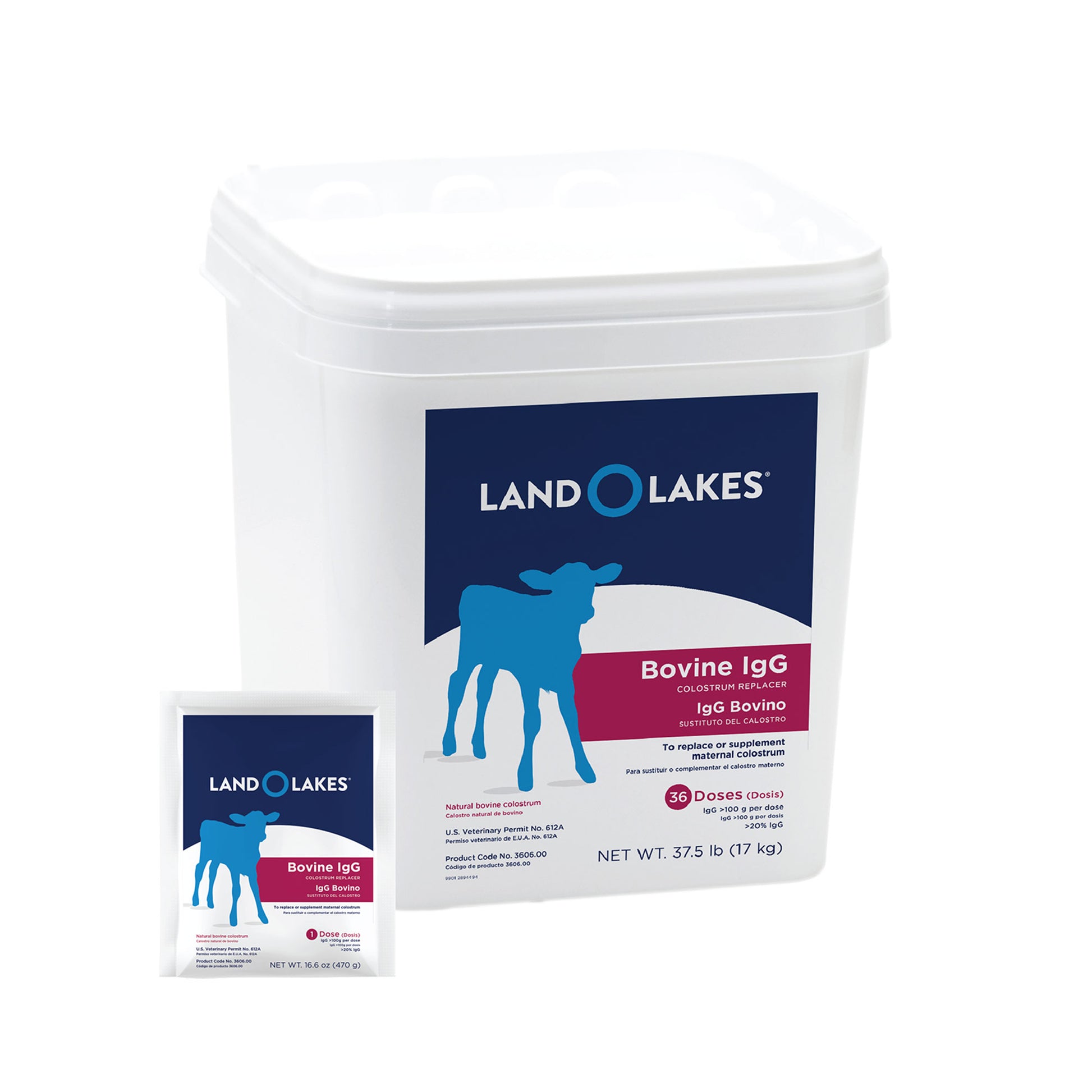 LAND O LAKES Colostrum Replacer 37.5 Pound package and 16.6oz pouch grouped together