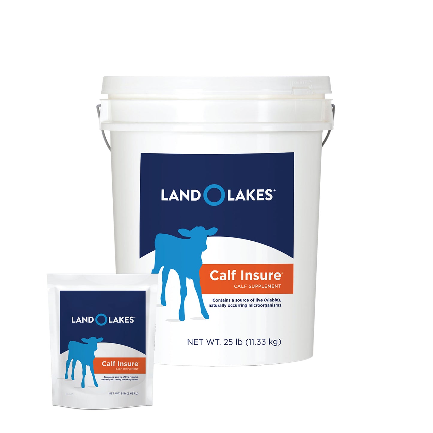 LAND O LAKES Calf Insure 25 Pound pail and 8 pound pouch grouped together