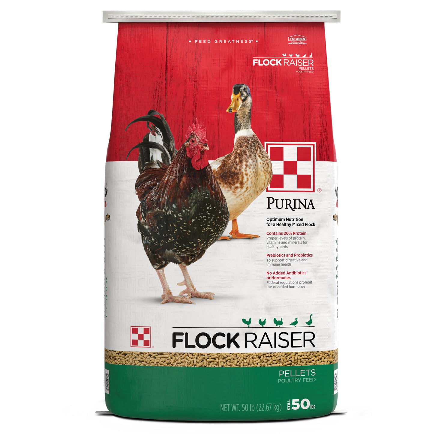 Front of Purina Flock Raiser Pellets 50 Pound Bag