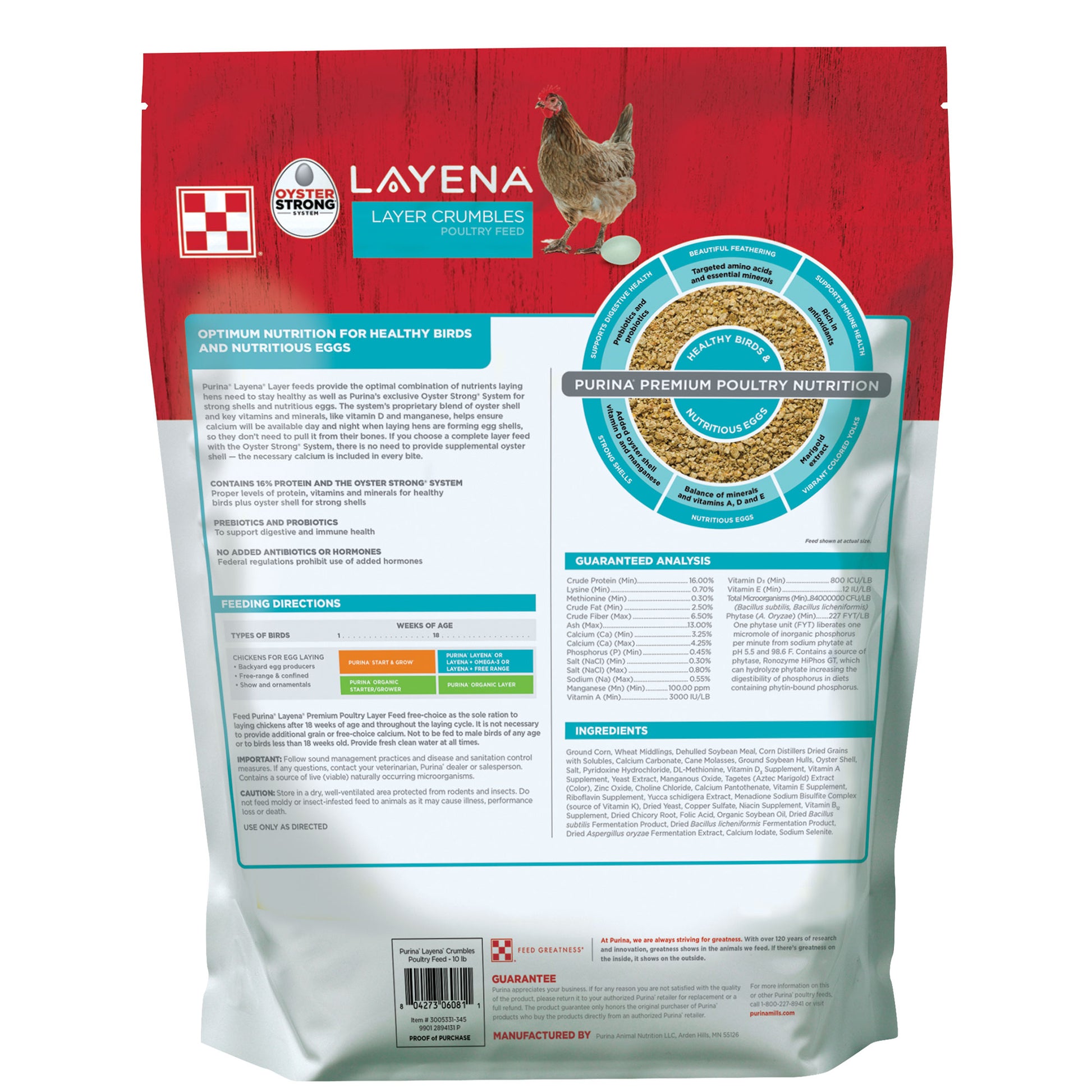 Back of Purina Layena Crumbles 10 pouch