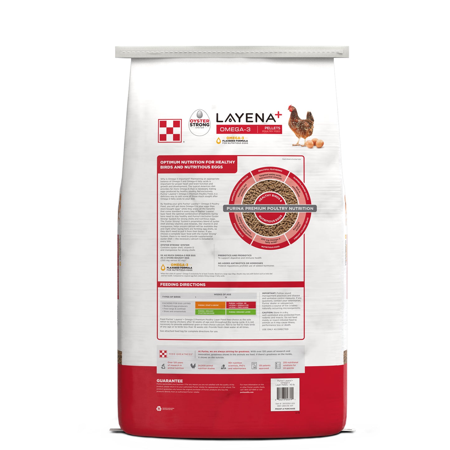 Back of Purina Layena Plus Omega-3 40 Pound Bag