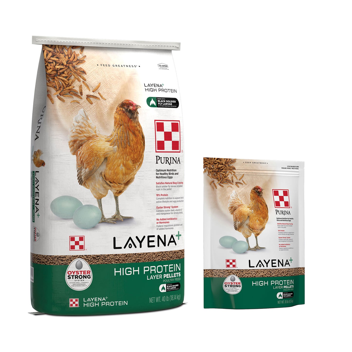 Purina Layena High Protein 40 Pound Bag and 10 Pound Pouch grouped together