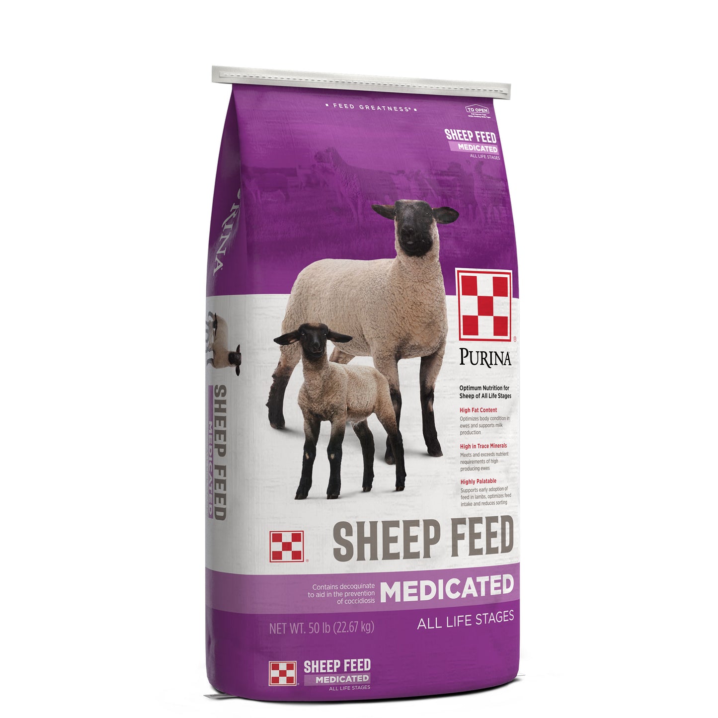 Purina Lamb & Ewe 15 DX30 Sheep Feed 50 Pound Bag Angled Left