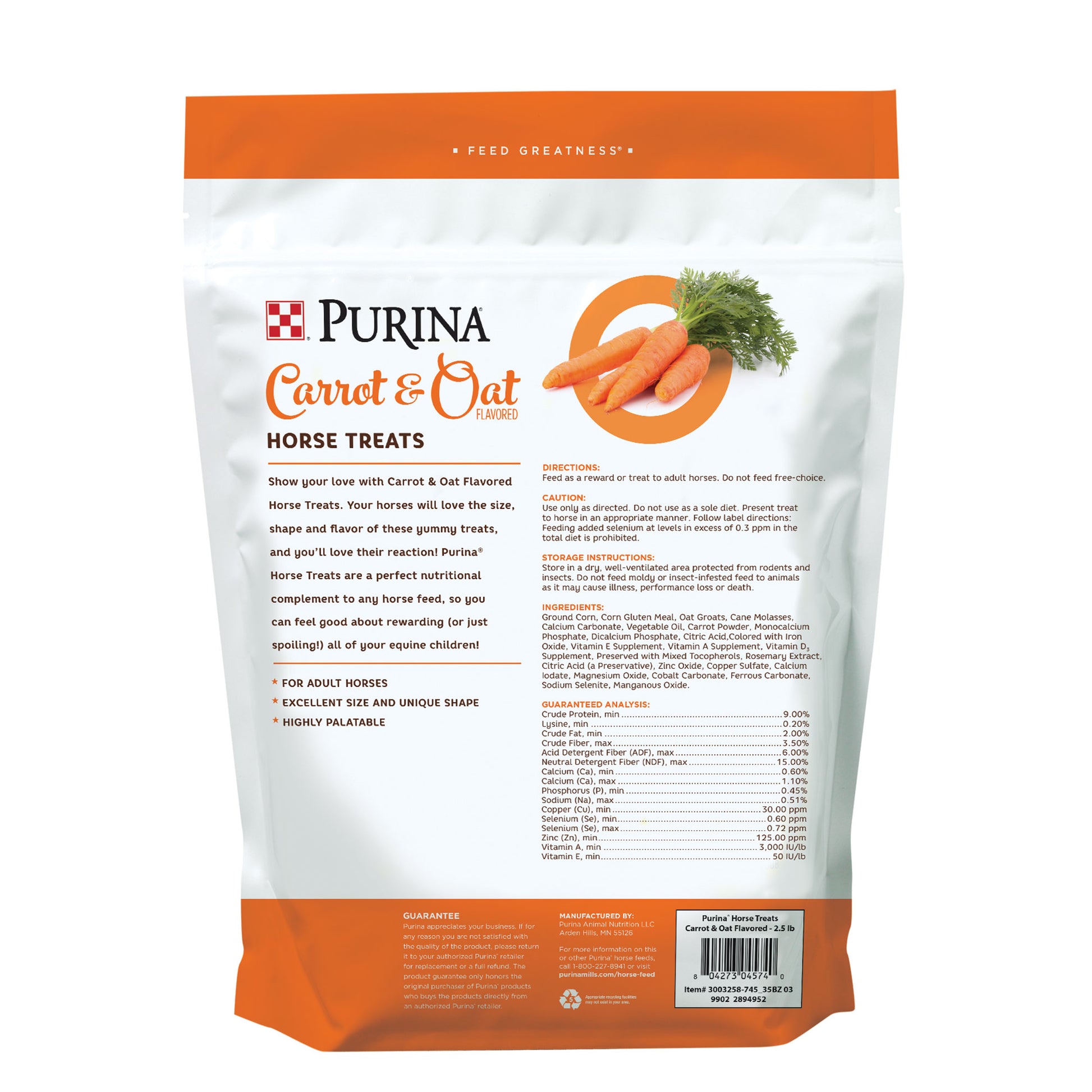 Back of Purina Carrot and Oat-Flavored Horse Treats 2.5 Pound Pouch