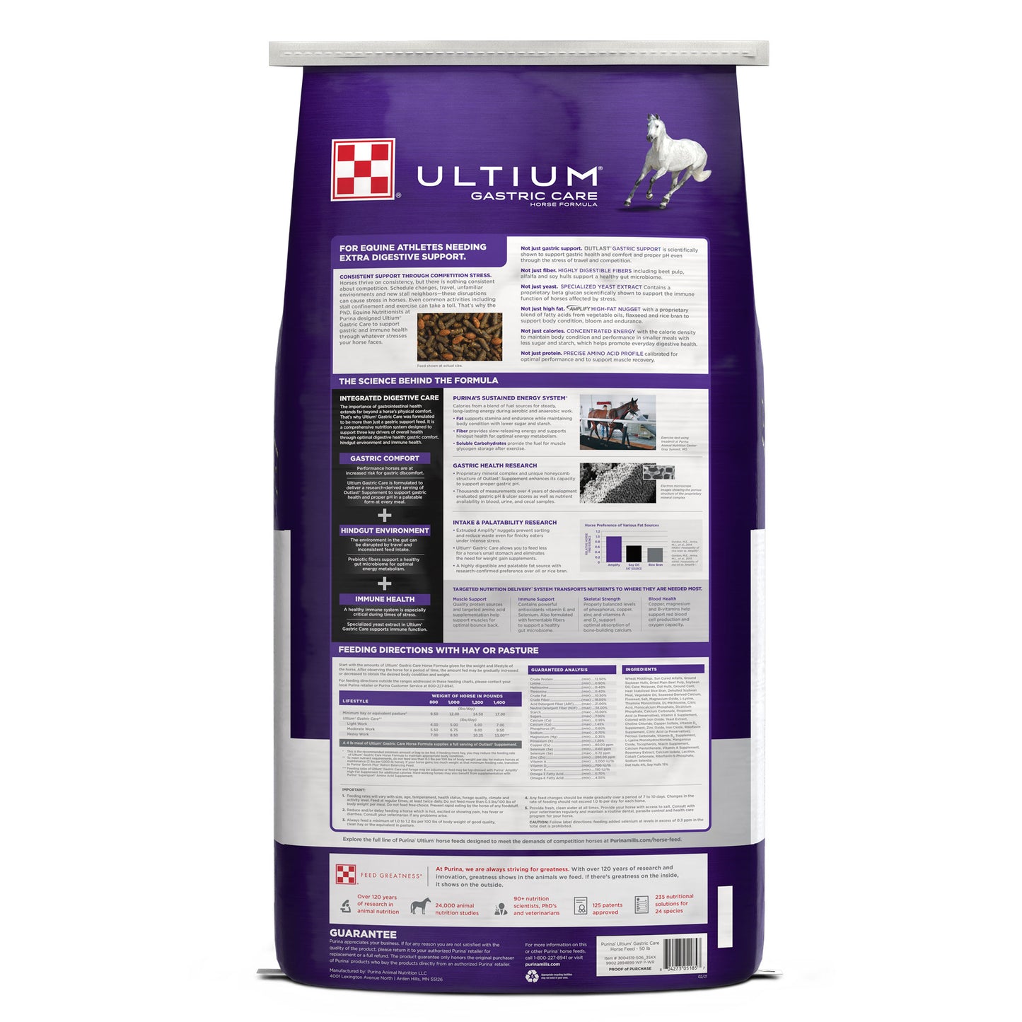 Back of Purina Ultium Gastric Horse Formula 50 Pound Bag