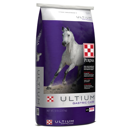 Left angle of Purina Ultium Gastric Horse Formula 50 Pound Bag