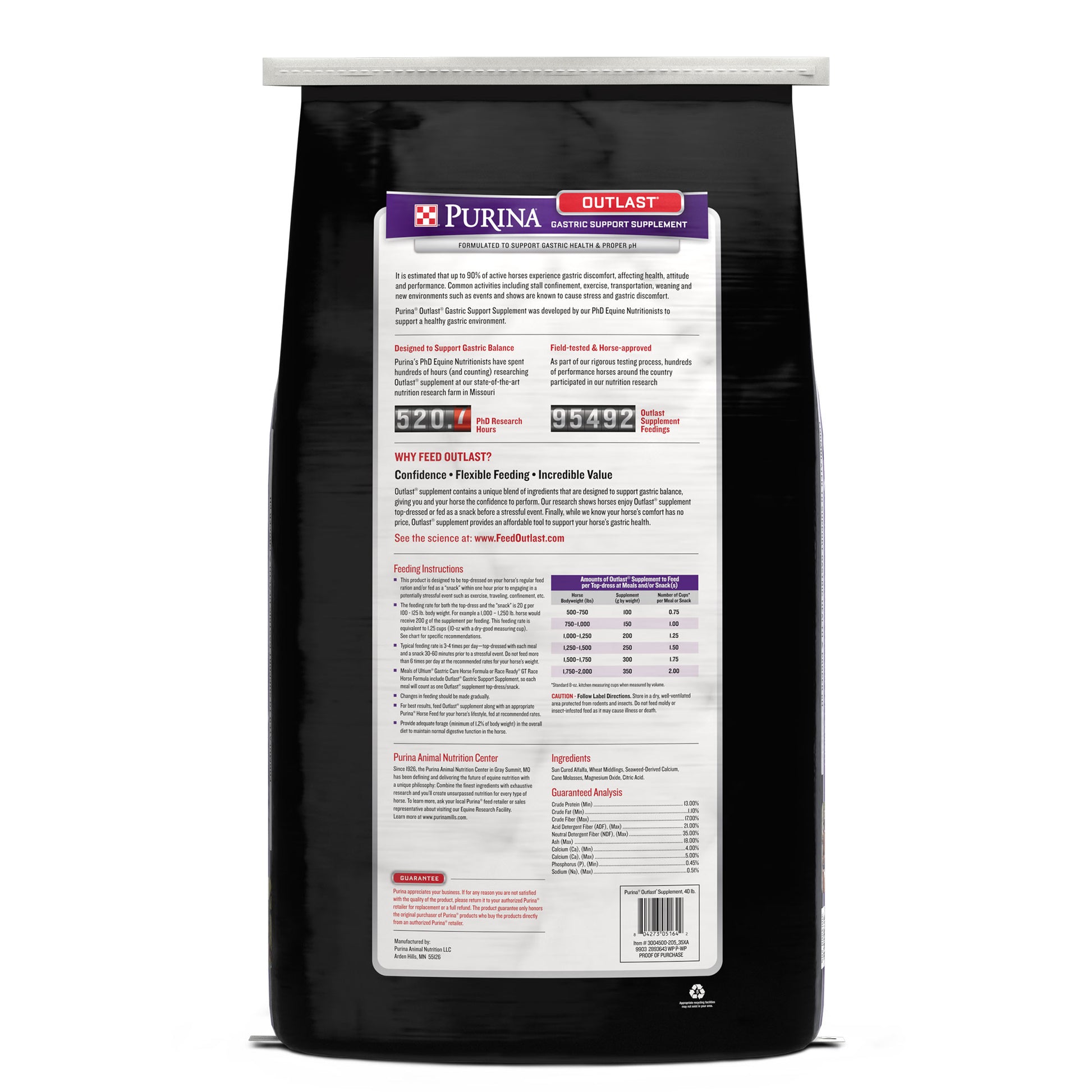 Back of Purina Outlast Horse Feed Gastric Support Supplement 40 Pound bag