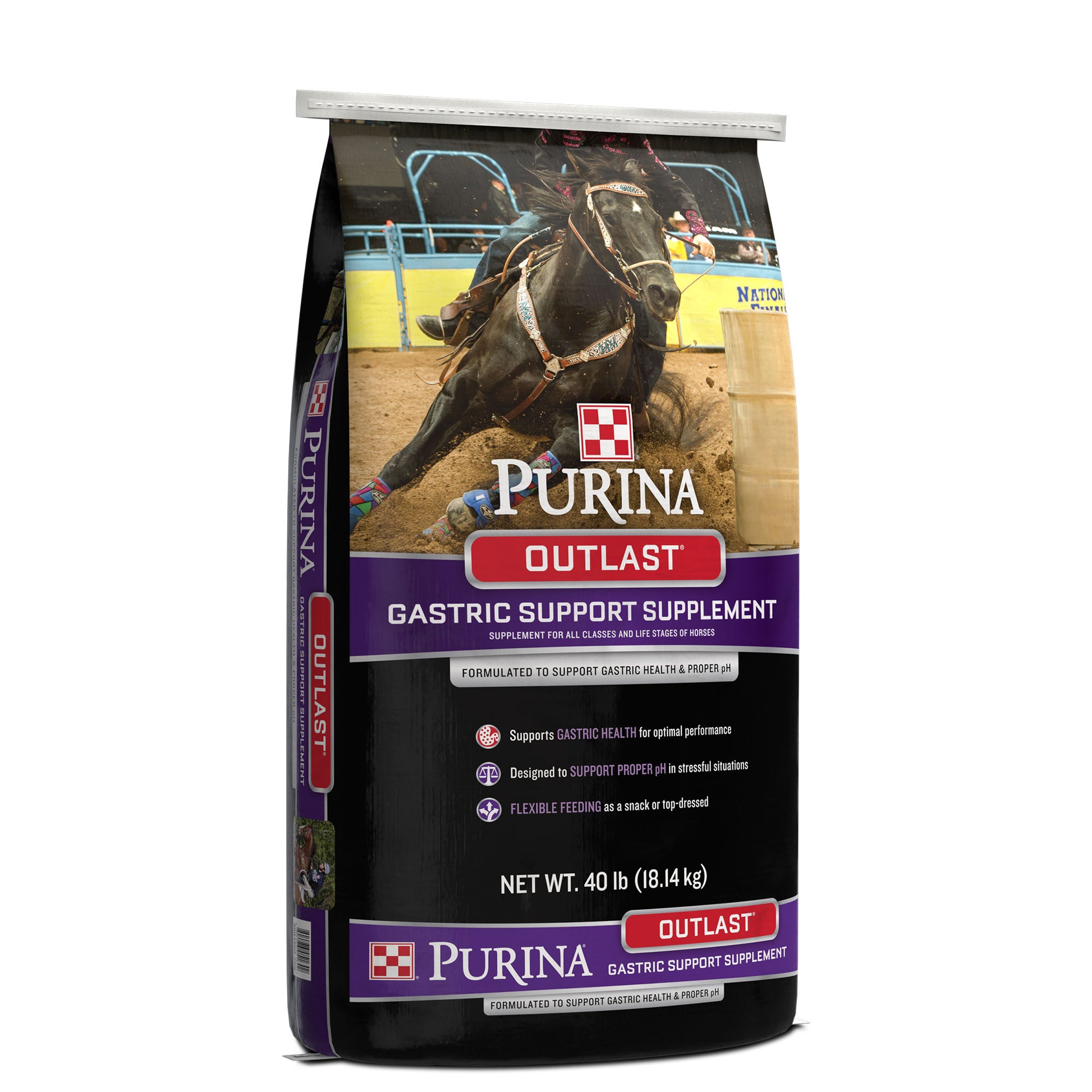 Left angle of Purina Outlast Horse Feed Gastric Support Supplement 40 Pound bag