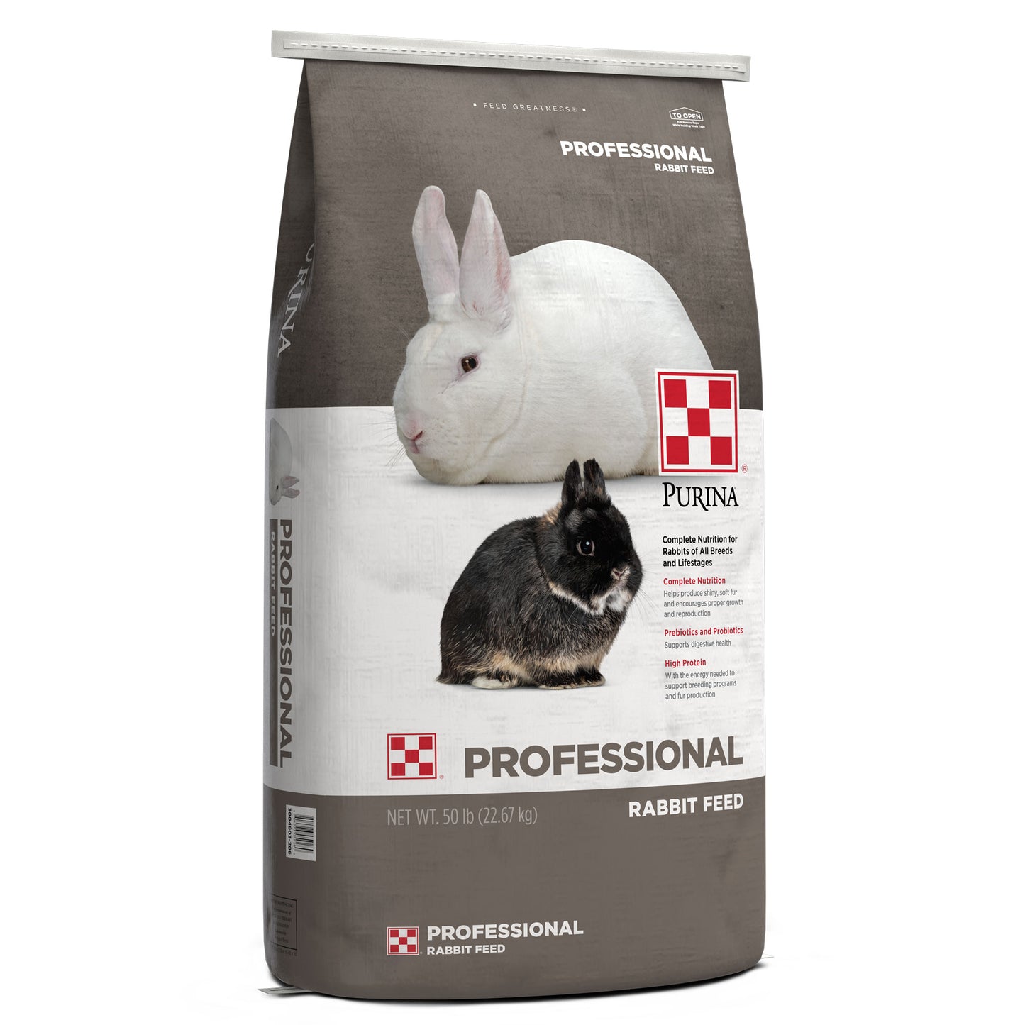 Left angle of the Purina Professional Rabbit feed 50 Pound Bag