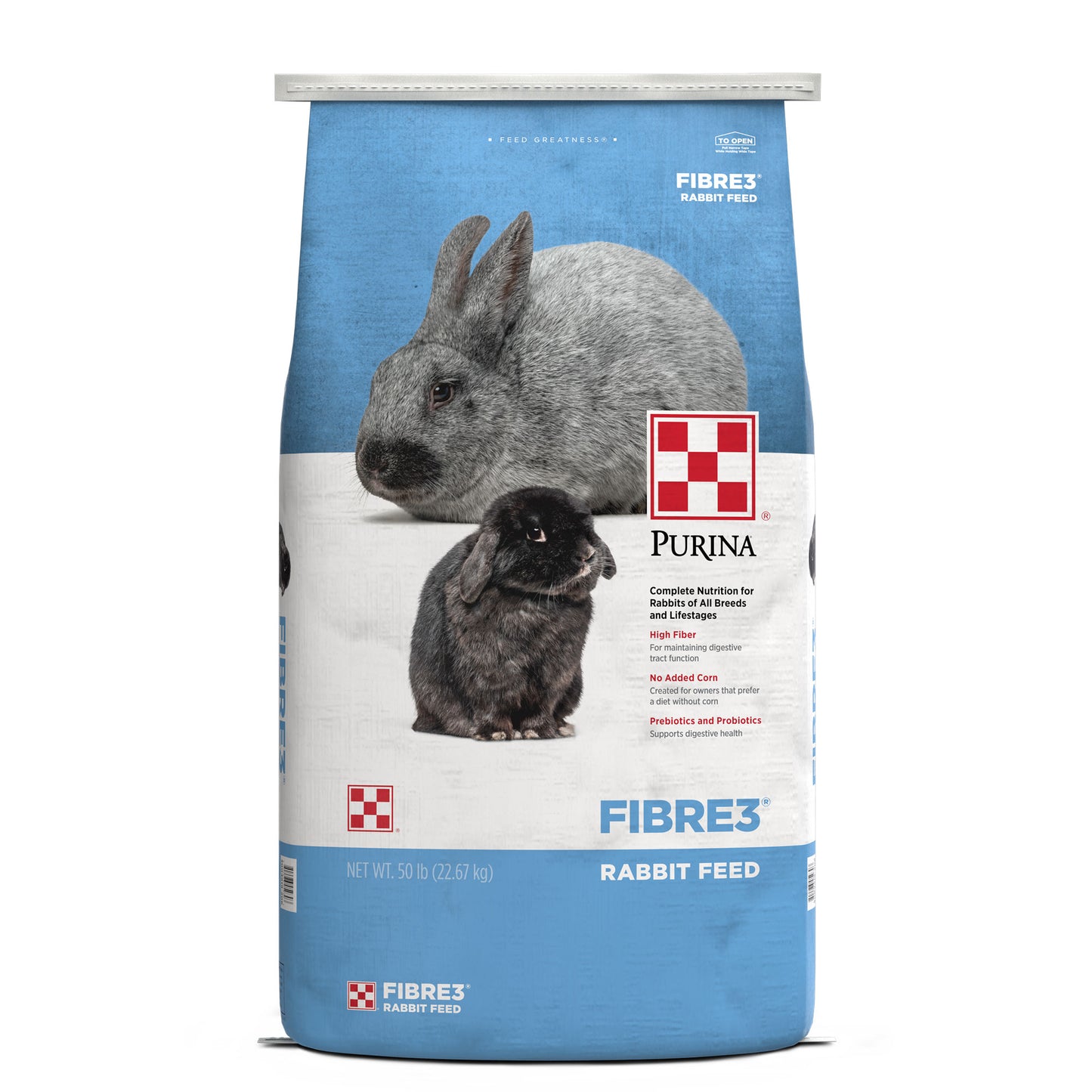 Front of the Purina RABBIT Fiber3 Feed 50 Pound Bag