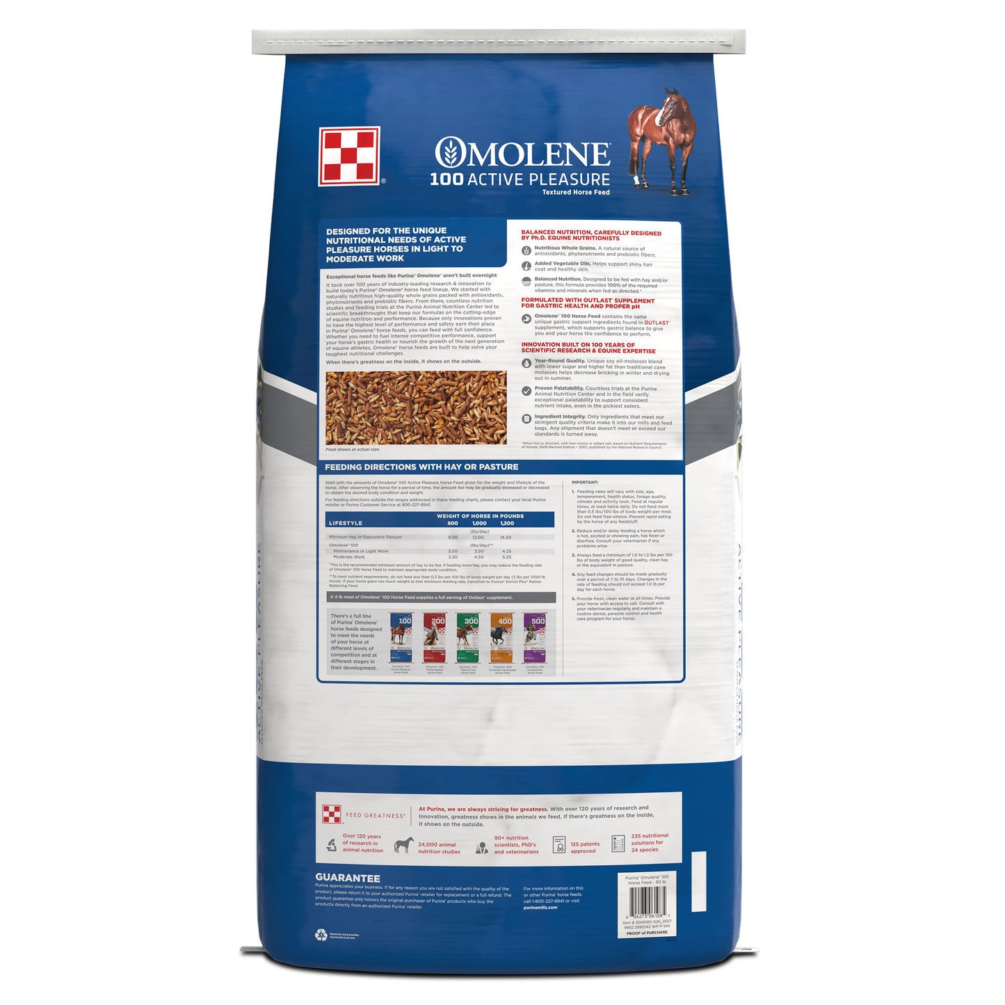 Back of Purina Omolene 100 Active Pleasure 50 Pound Bag