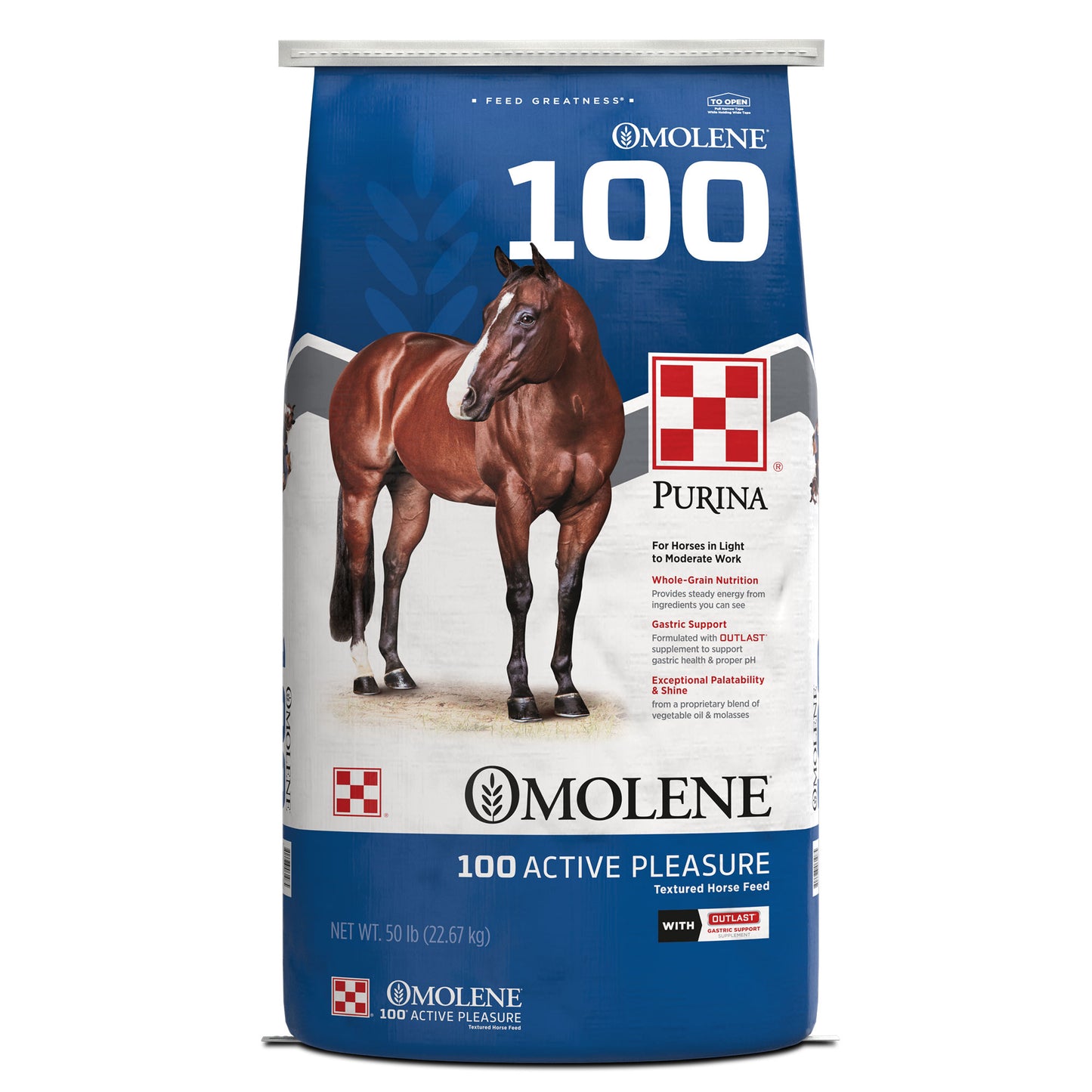 Front of Purina Omolene 100 Active Pleasure 50 Pound Bag