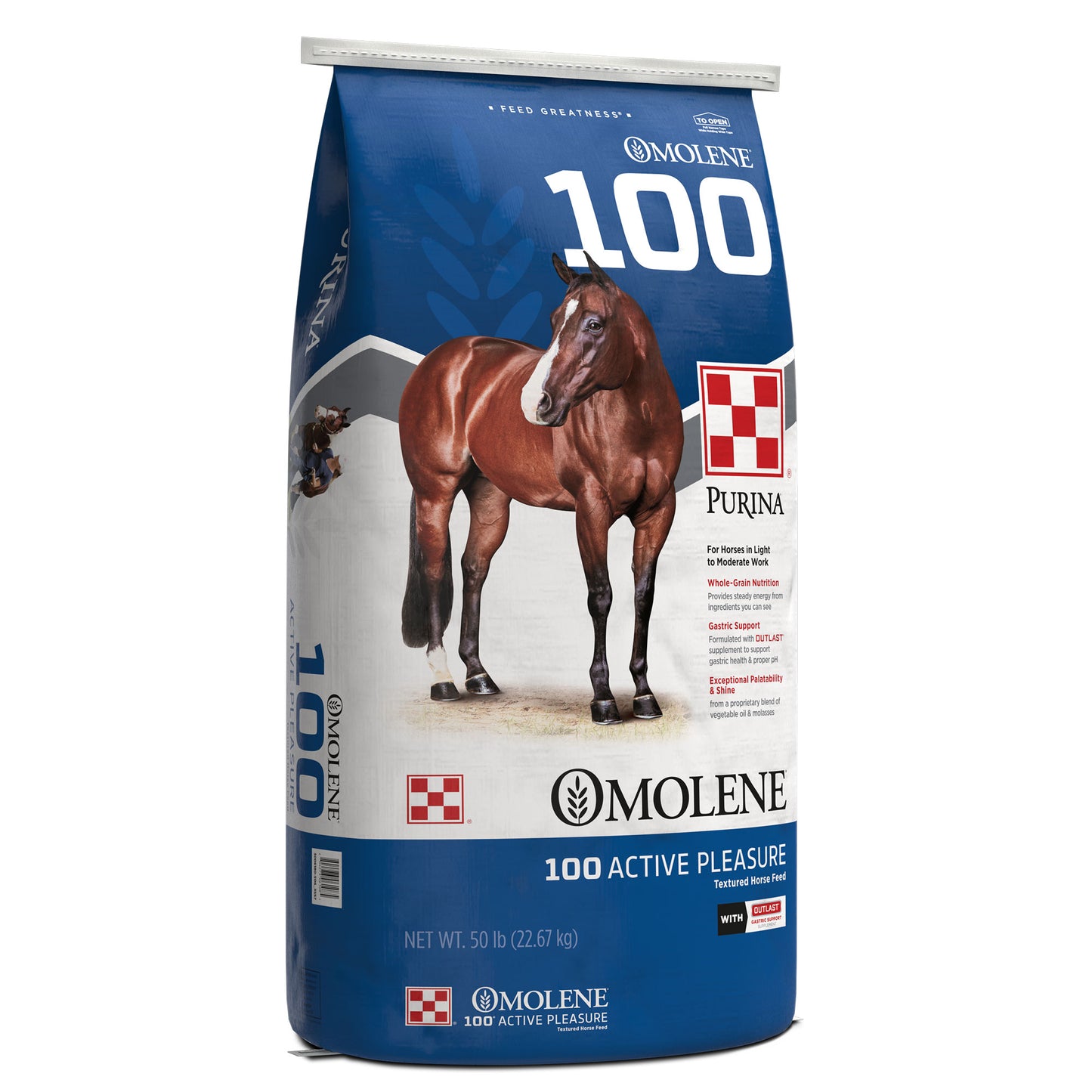 Left angle of Purina Omolene 100 Active Pleasure 50 Pound Bag