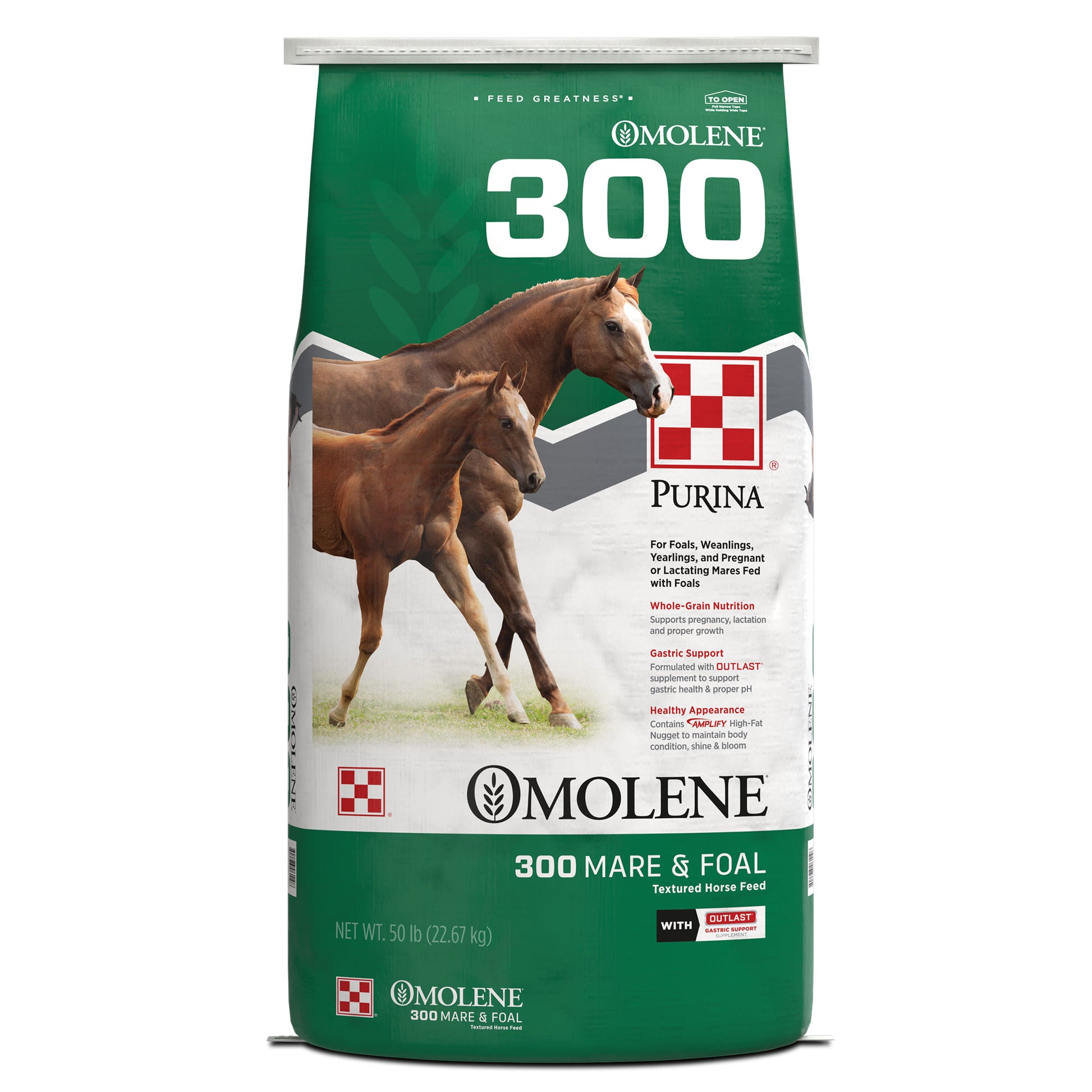 Front of Purina Omolene 300 Mare & Foal 50 Pound Bag