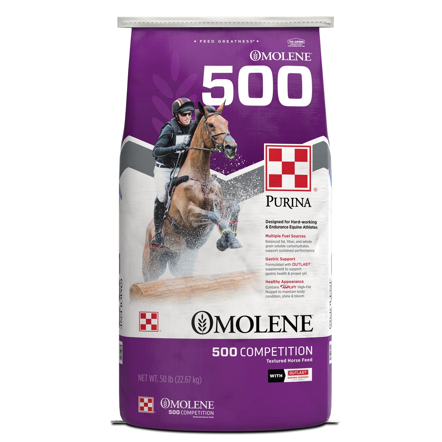 Front of Purina Omolene 500 Competition 50 Pound Bag
