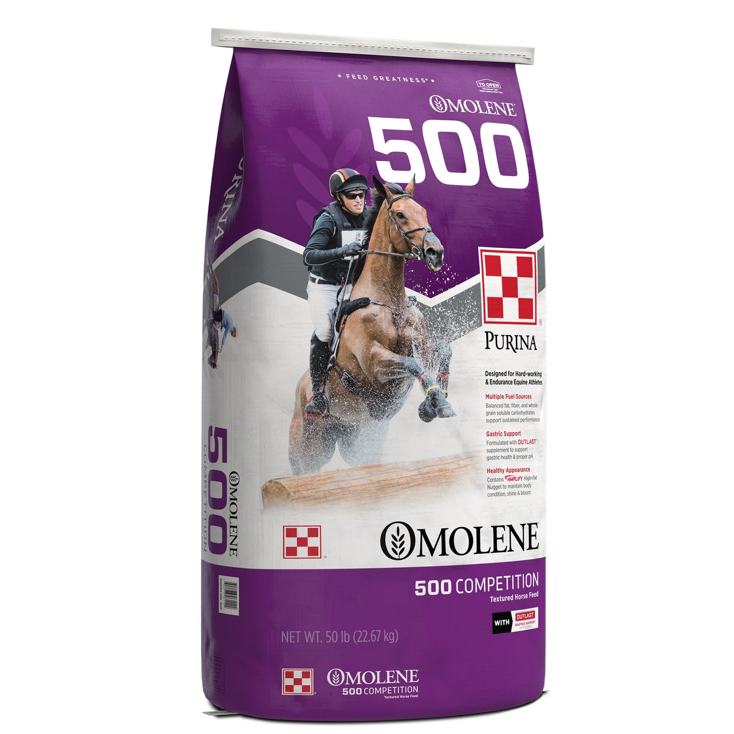 Left angle of Purina Omolene 500 Competition 50 Pound Bag