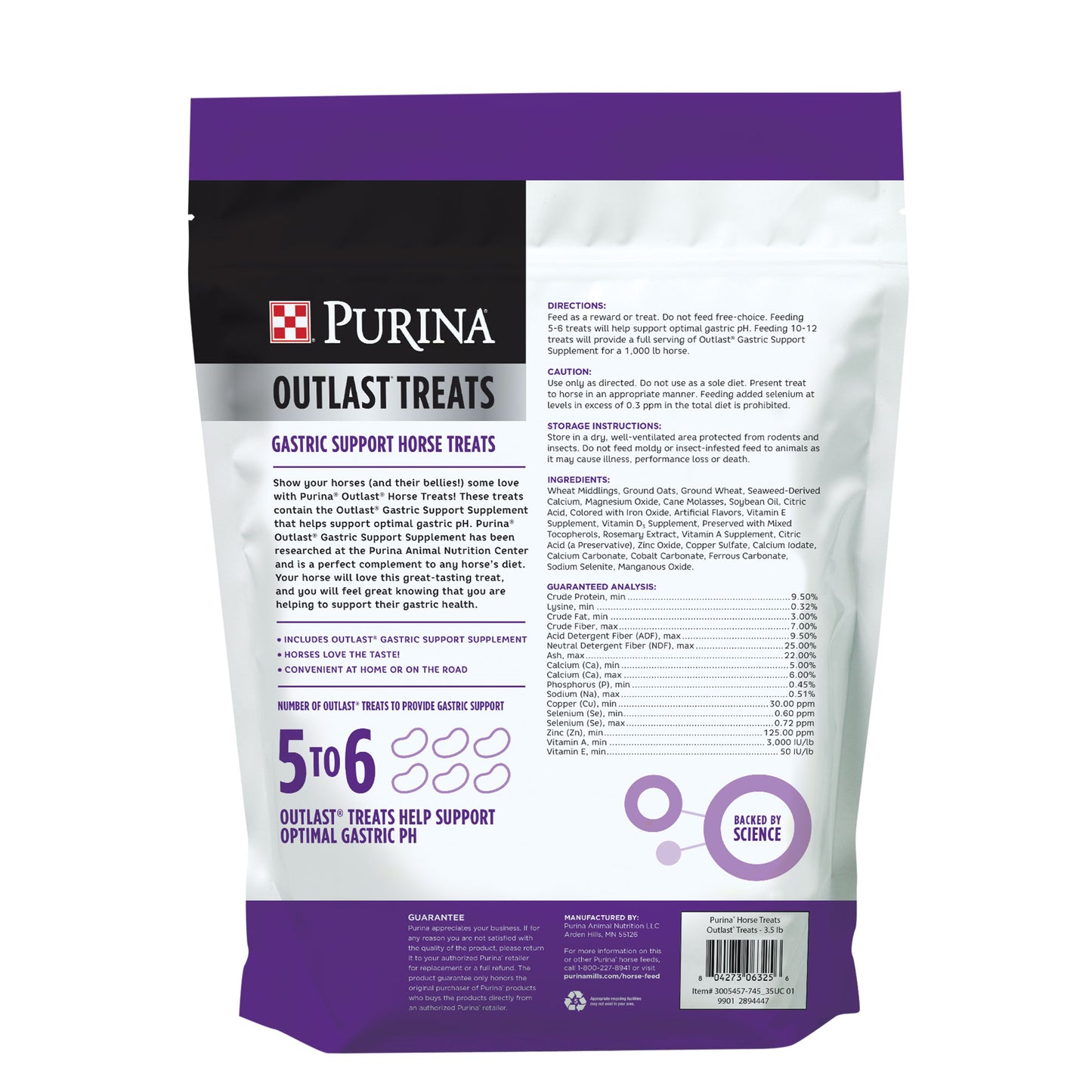 Back of Purina Outlast Horse Treats 3.5 Pound Pouch