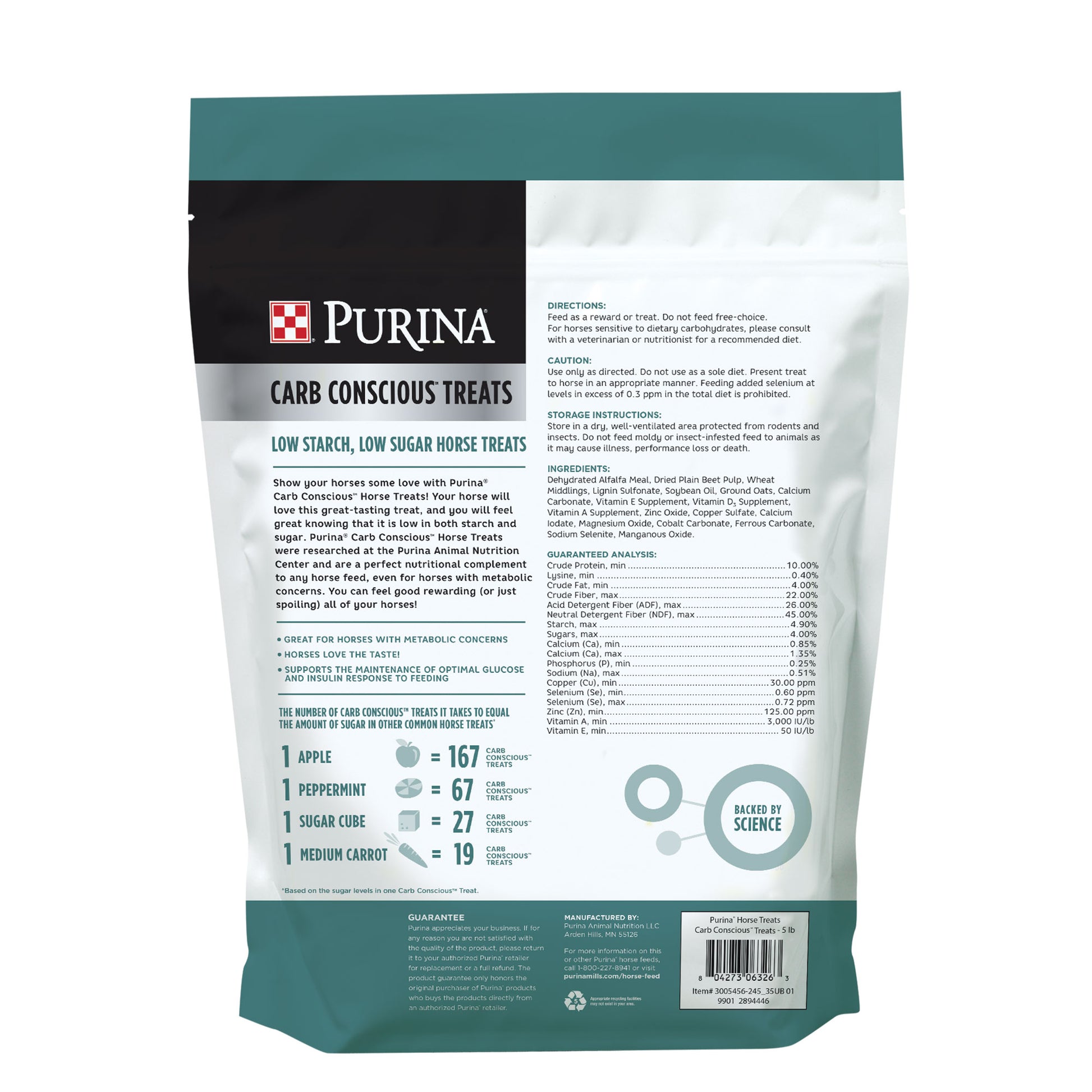 Back of Purina Carb Conscious Horse Treats 5 Pound Pouch