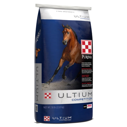 Left angle of Purina Ultium Competition Horse Formula 50 Pound Bag