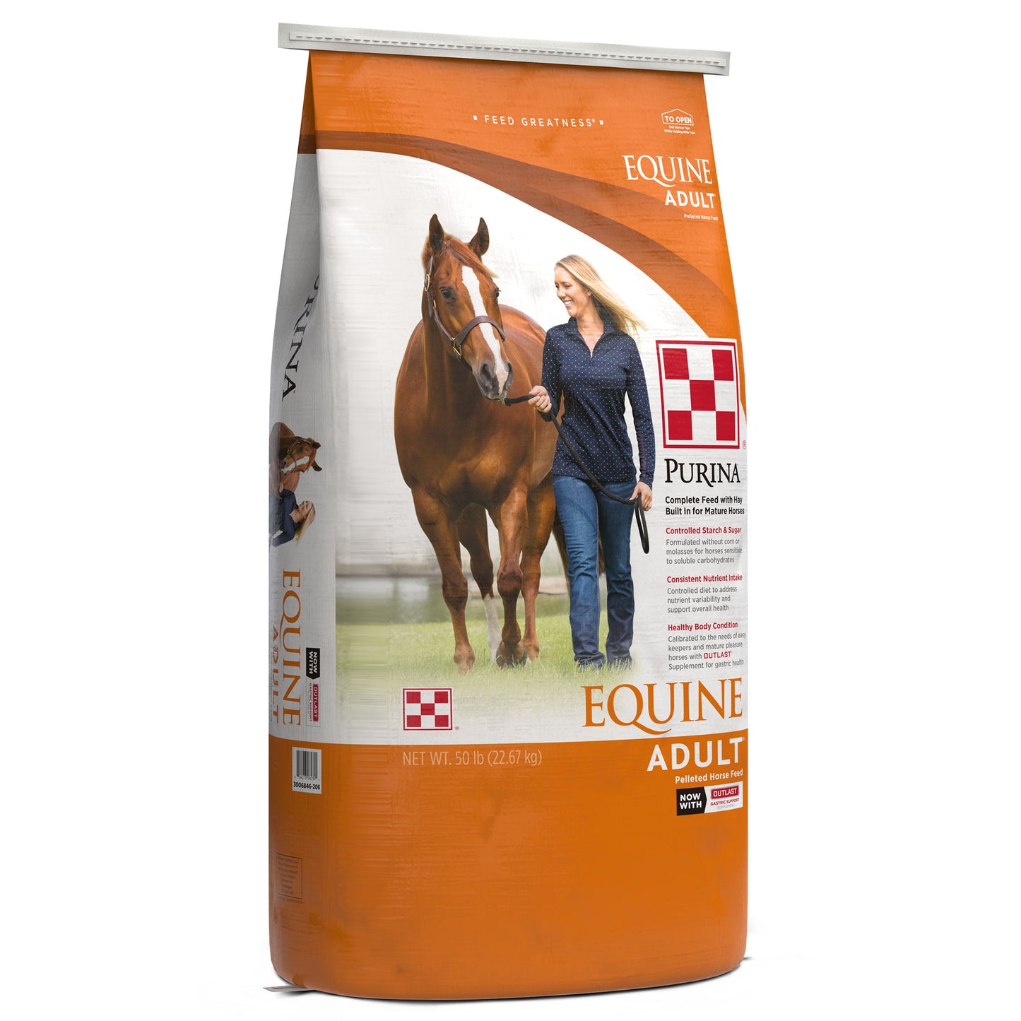 Left angle of Purina Equine Adult Feed 50 pound Bag