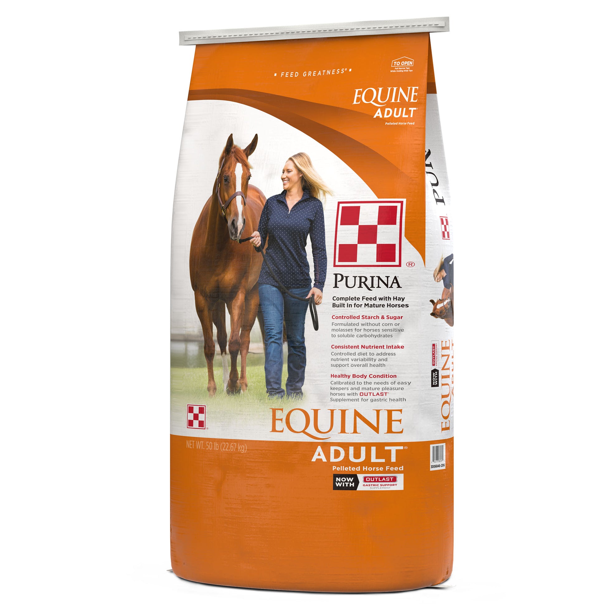 Right angle of Purina Equine Adult Feed 50 pound Bag