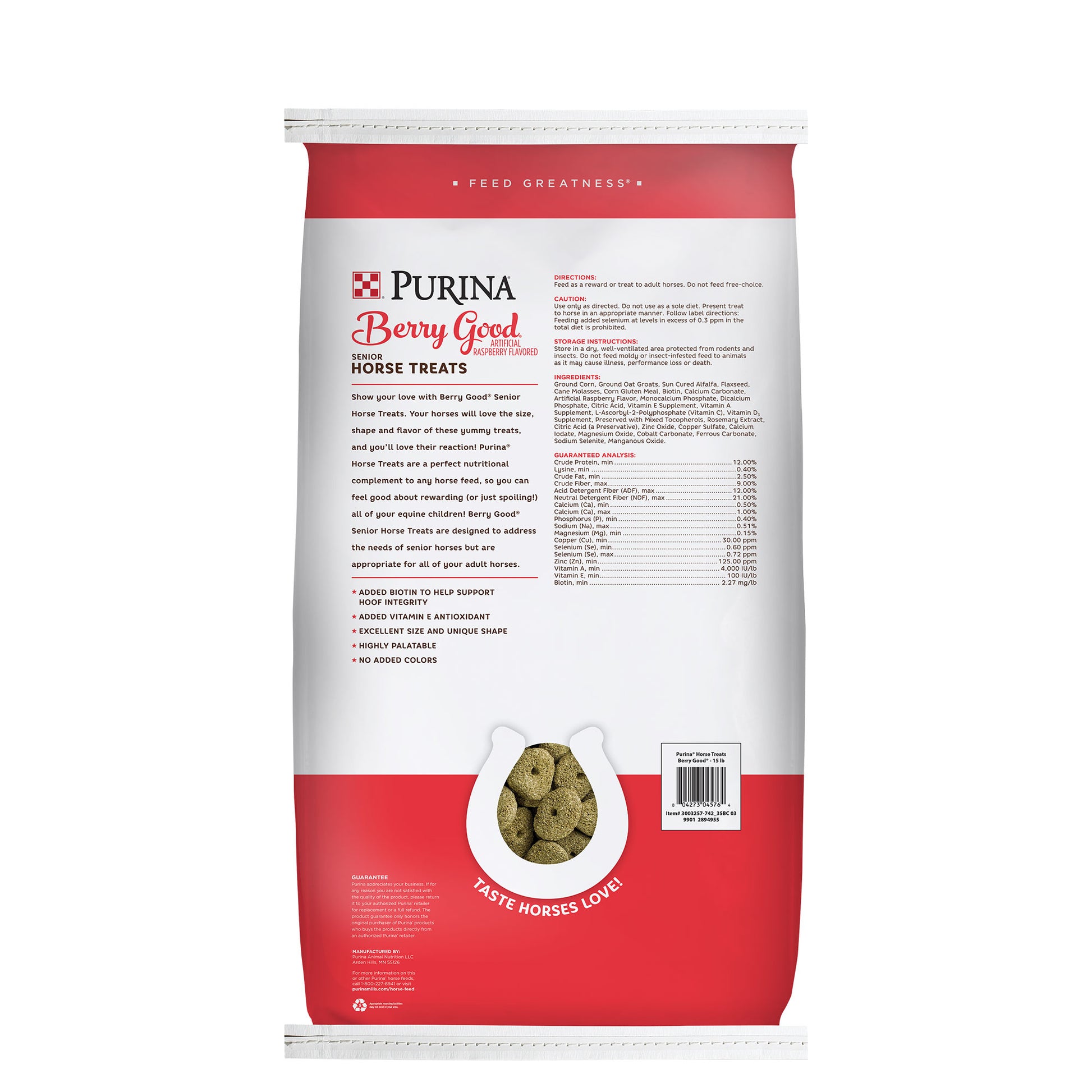 Back of Purina Berry Good Horse treat 15 Pound Bag