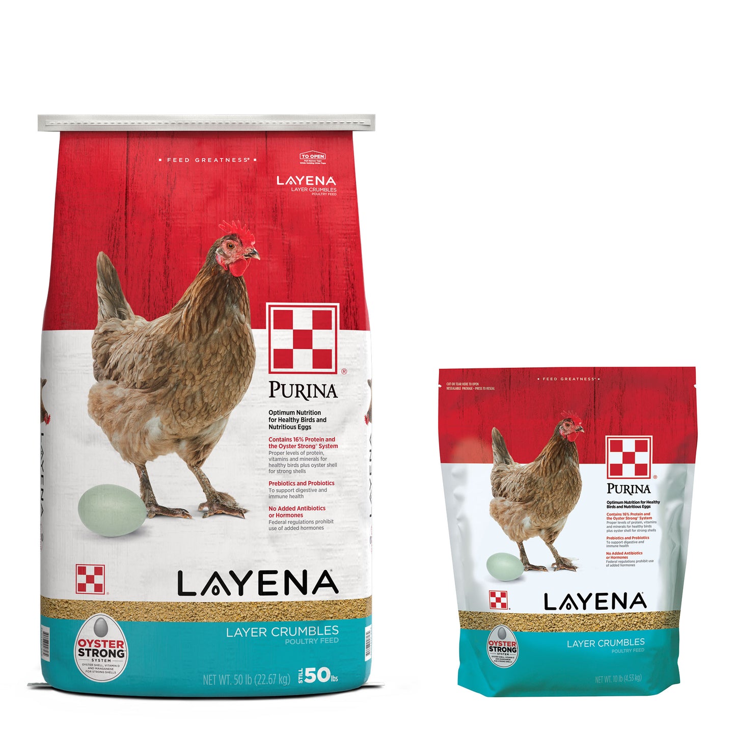 Purina Layena Crumbles 50 Pound Bag and 10 pound pouch grouped together