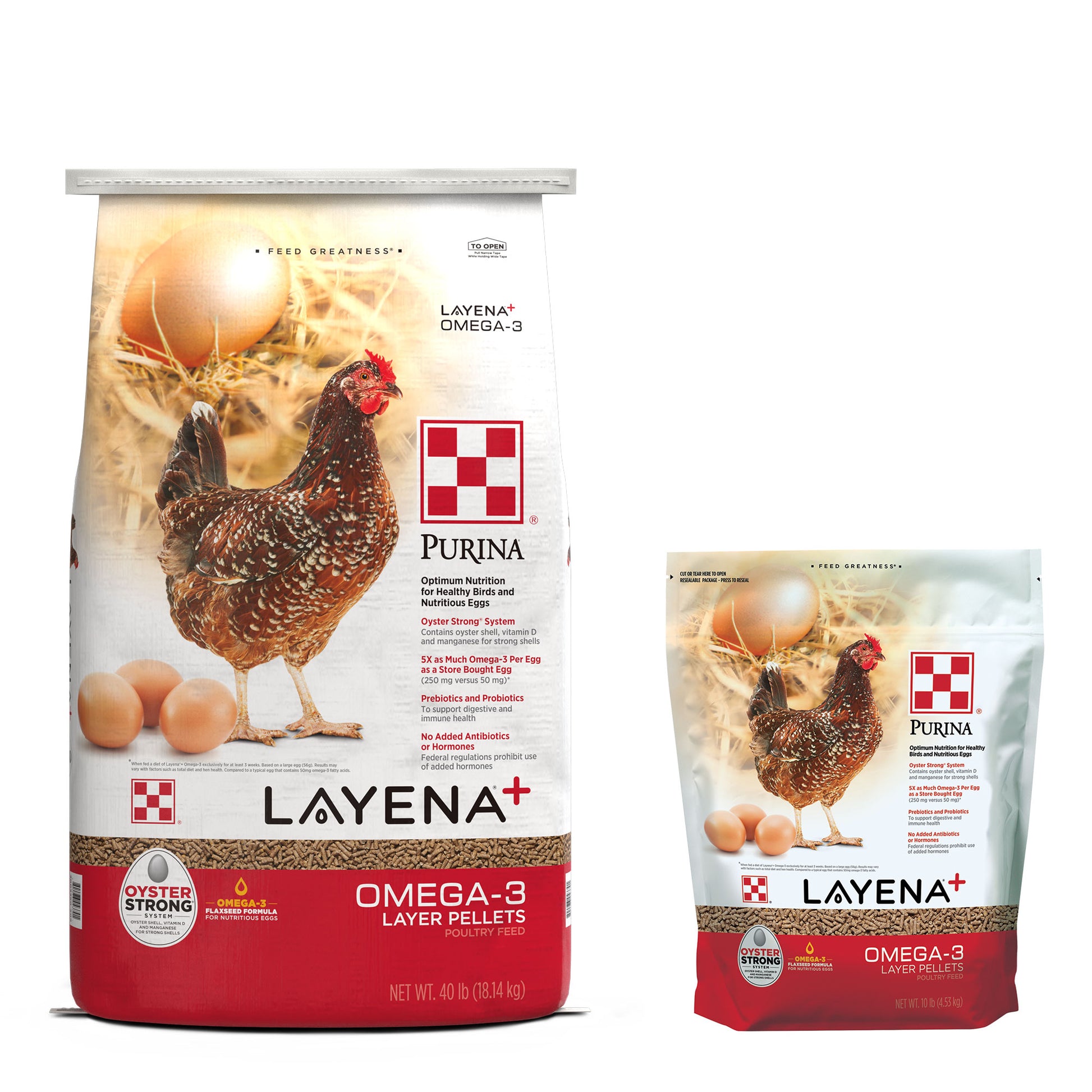 Purina Layena Plus Omega-3 40 Pound Bag and 10 pound pouch grouped together