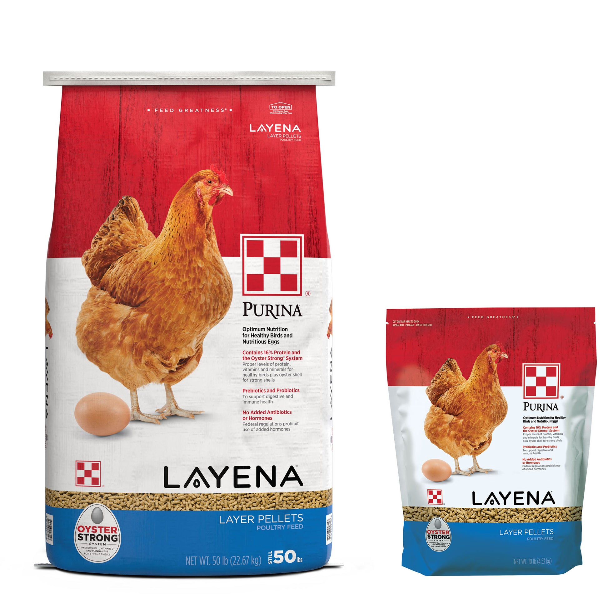 Purina Layena Pellets 50 Pound Bag and 10 pound pouch grouped together