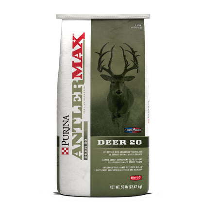 Front of Purina AntlerMax Deer 20 Climate Guard 50 Pound Bag