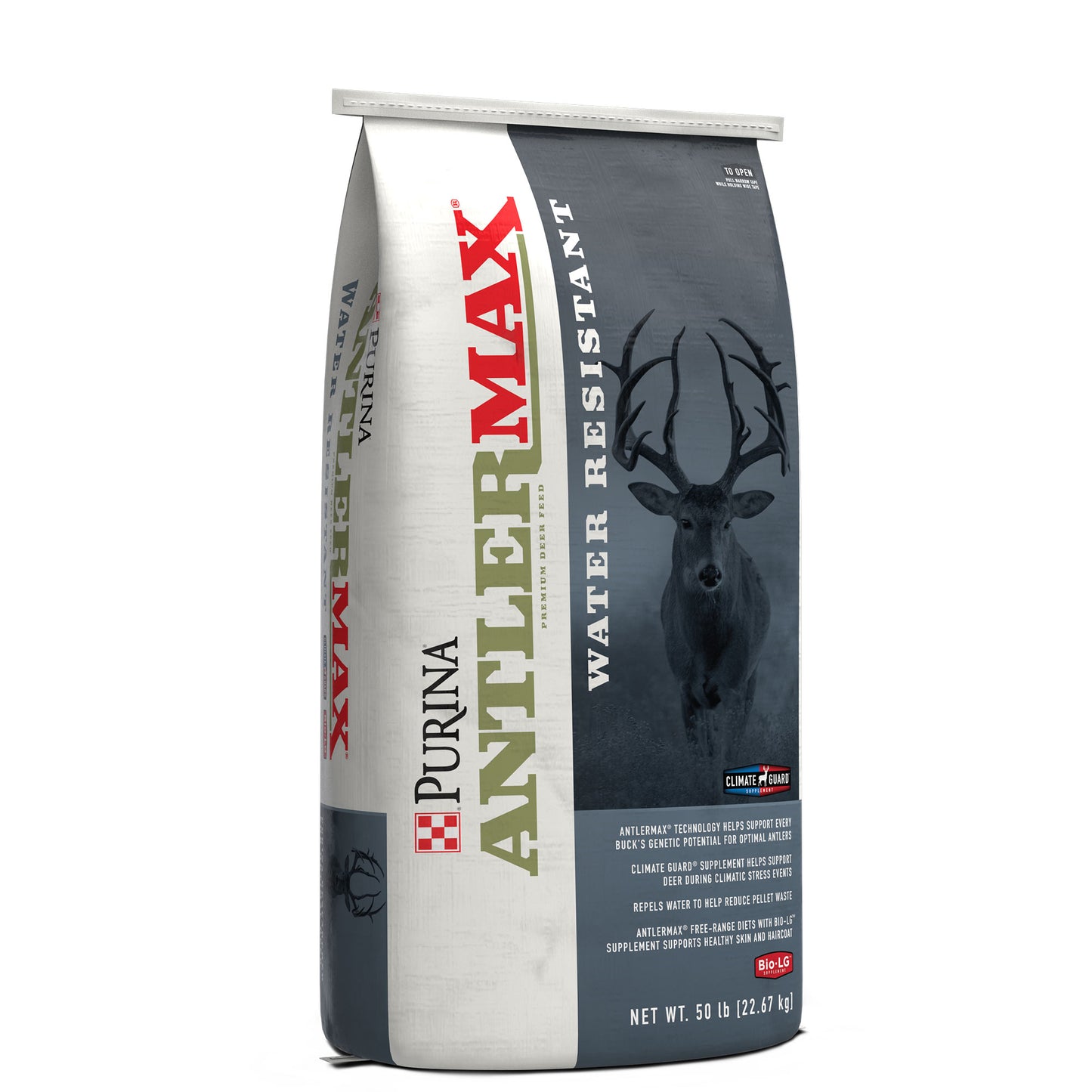 Left angle of Purina AntlerMax Water Resistant Deer 20 Climate Guard 50 Pound Bag