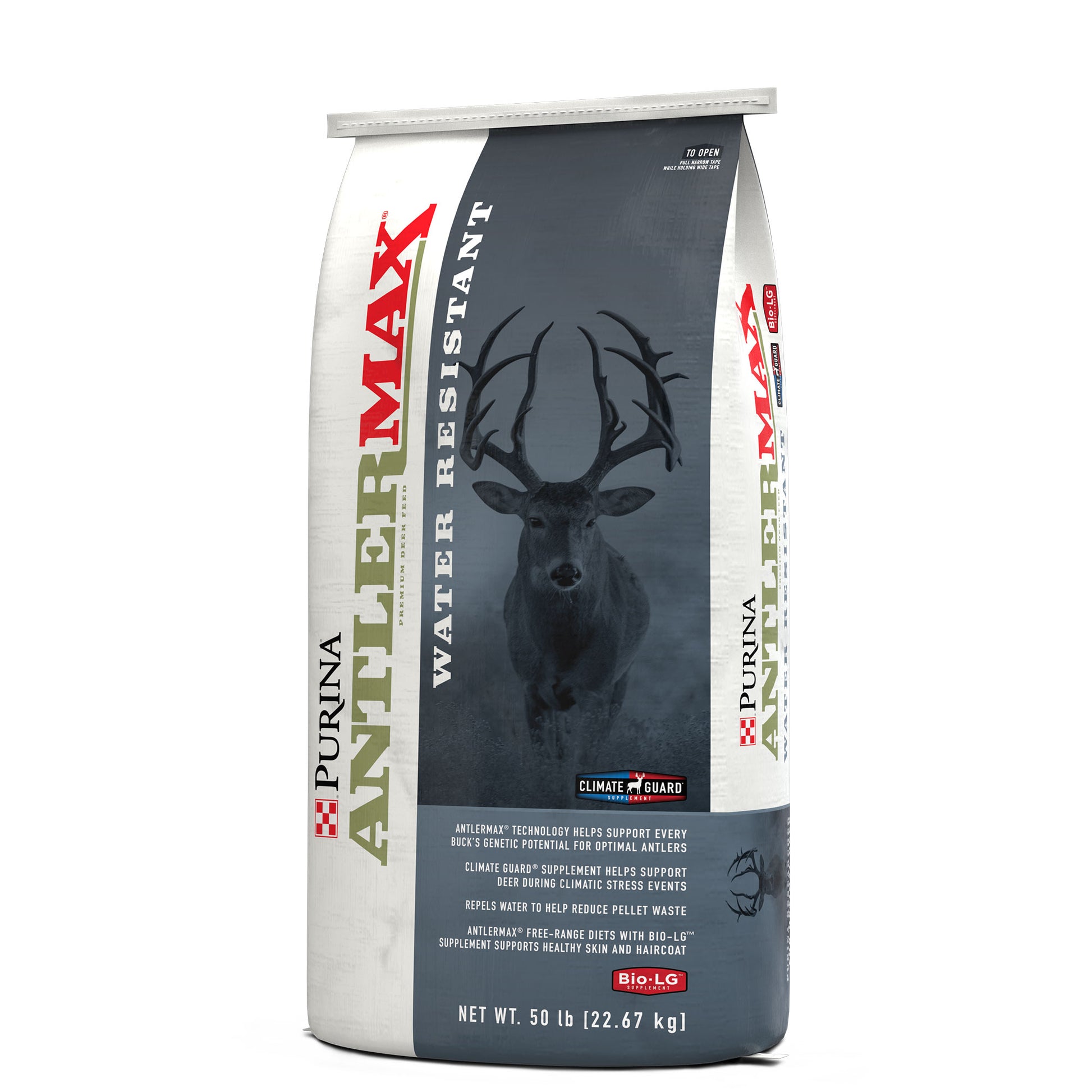 Right angle of Purina AntlerMax Water Resistant Deer 20 Climate Guard 50 Pound Bag