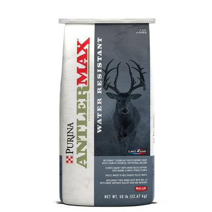 Front of Purina AntlerMax Water Resistant Deer 20 Climate Guard 50 Pound Bag