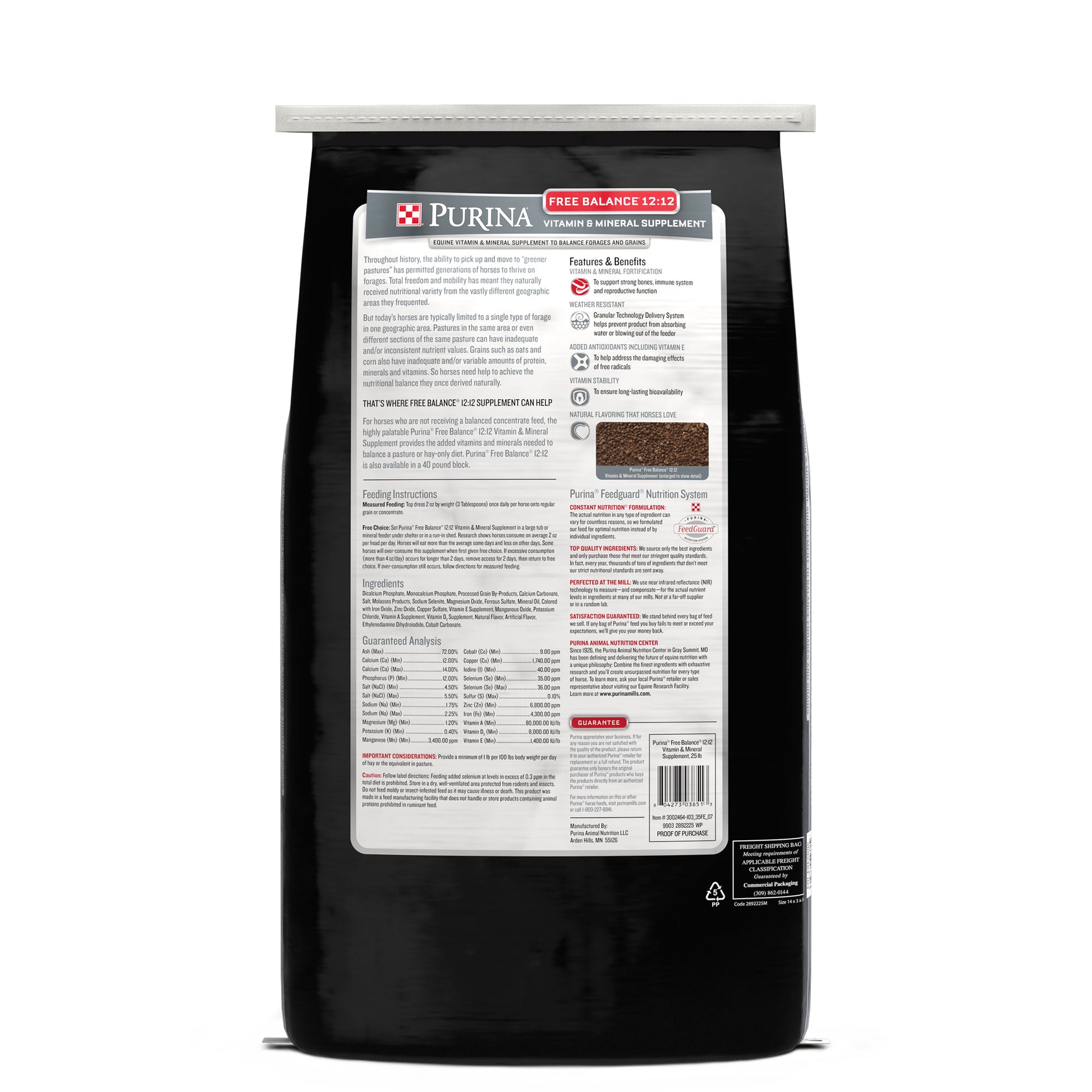 Back of Free Balance 12:12 Vitamin and Mineral Supplement horse feed bag
