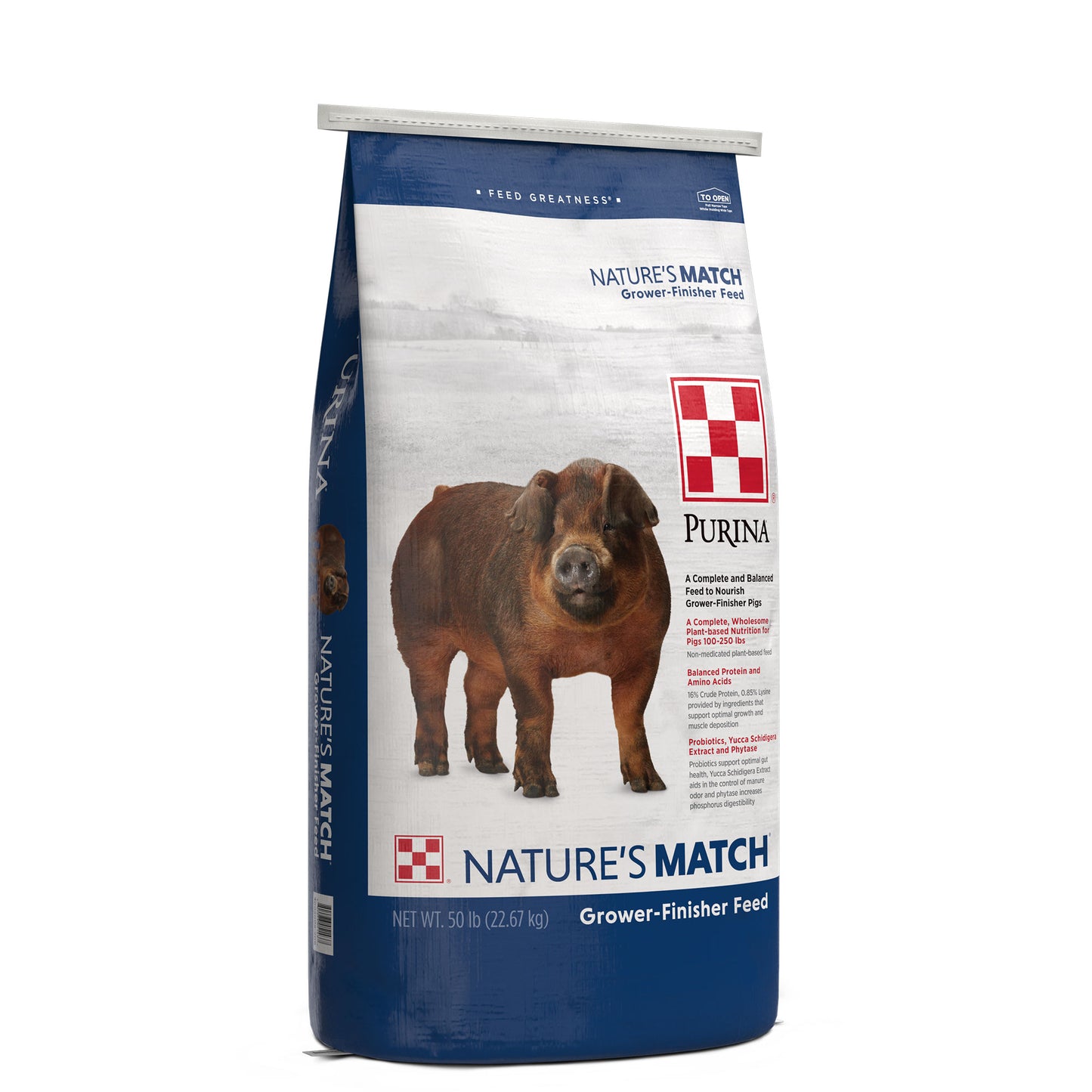 Left angle of Nature’s Match Grower-Finisher Swine Feed 50 Pound Bag