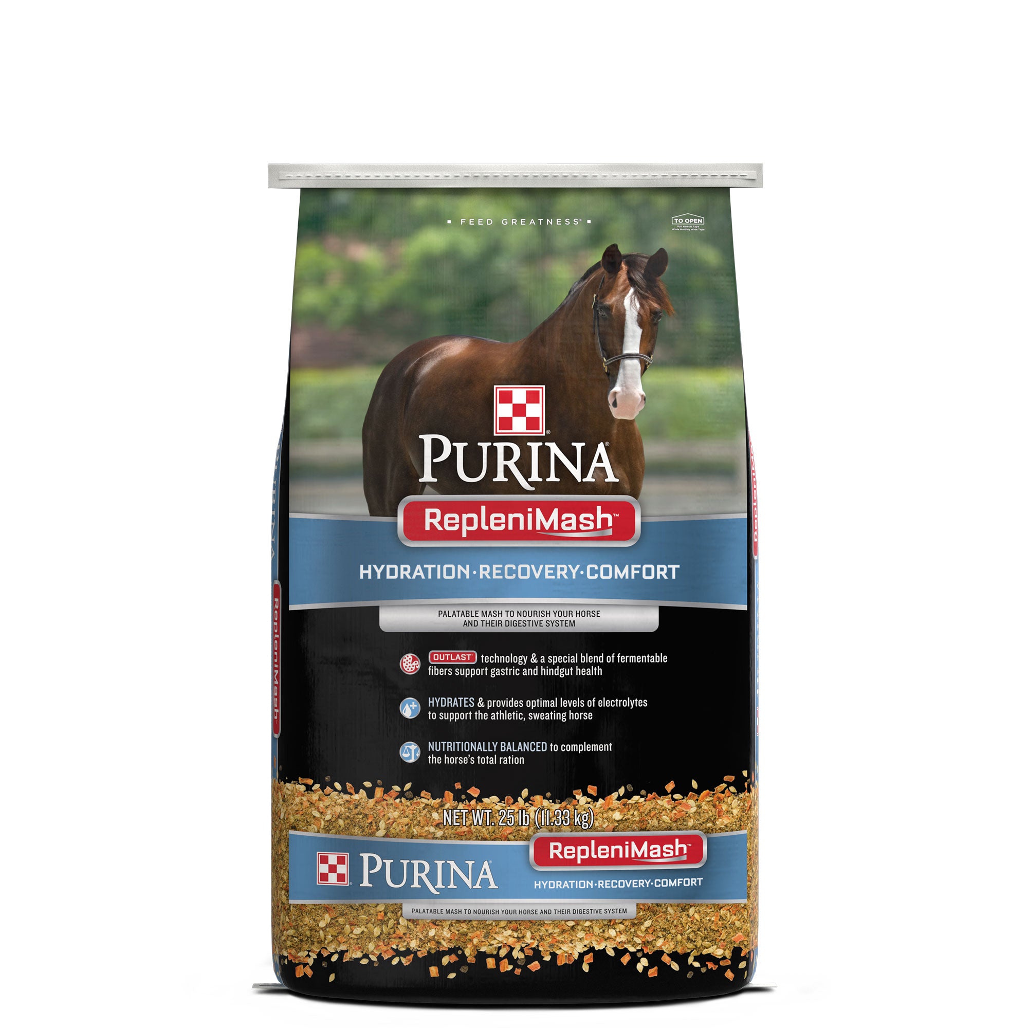 Front of Purina RepleniMash 25 Pound Bag/