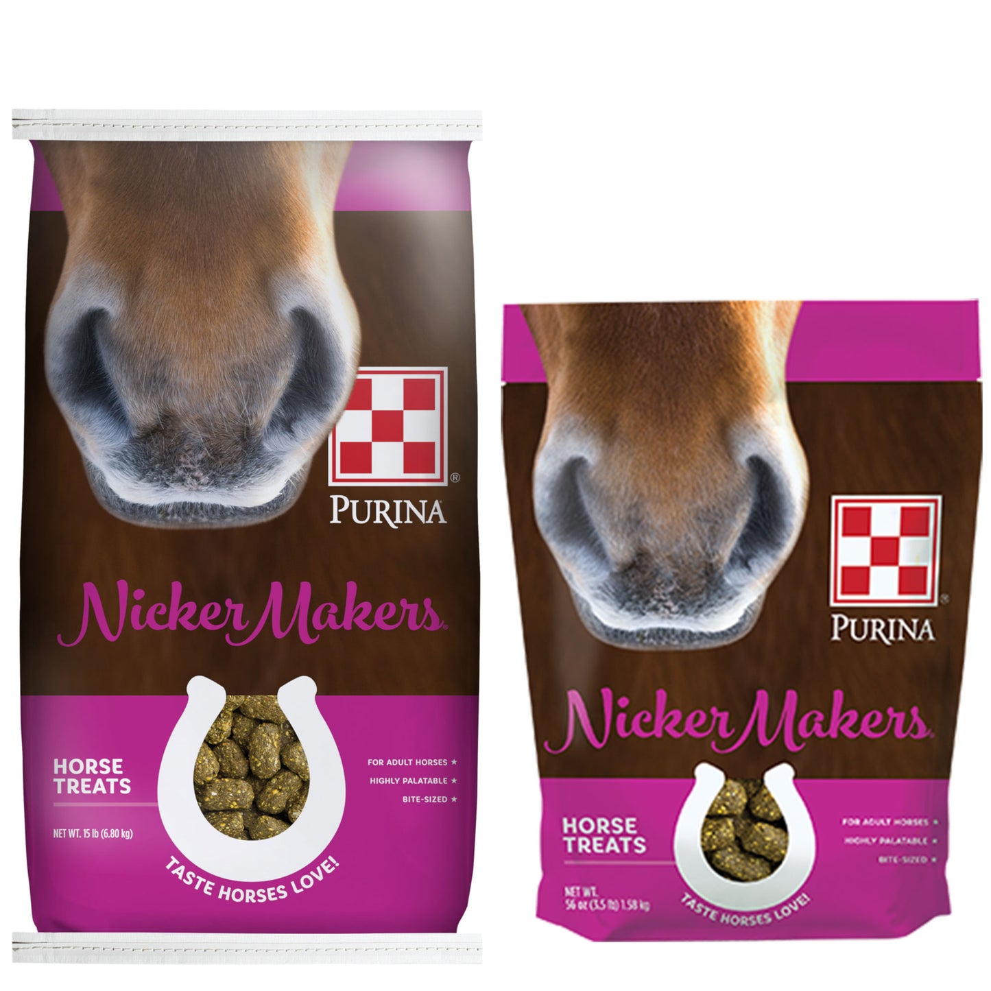 Purina Nicker Maker Horse Treats 3.5 Pound Pouch and 15 Pound Bag grouped together