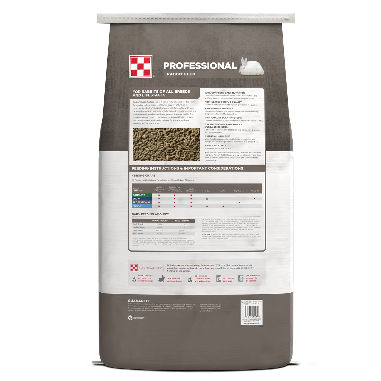 Back of the Purina Rabbit Complete Feed 50 Pound Bag