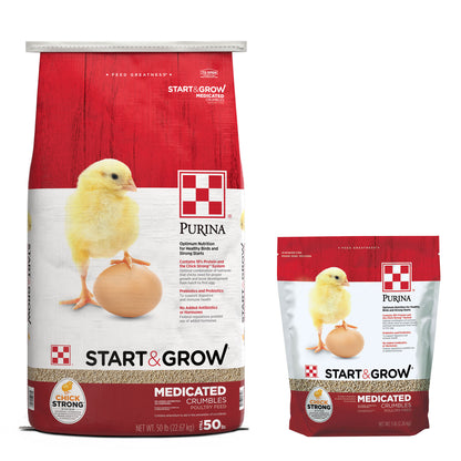 Purina Start & Grow Medicated 50 Pound Bag and 5 pouch pouch grouped together